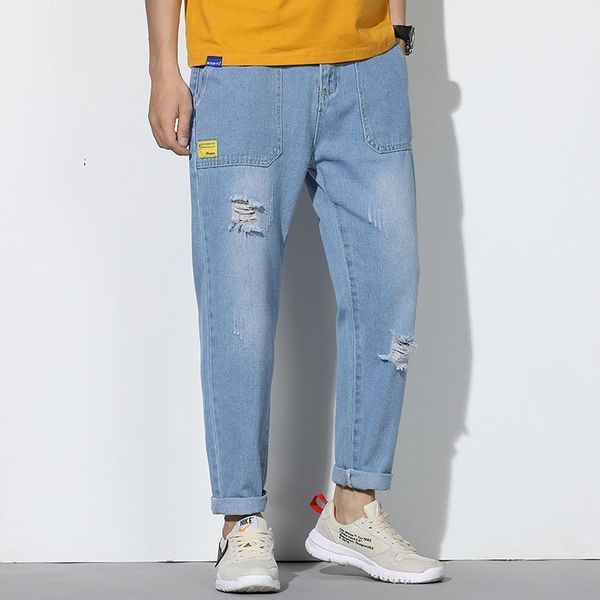 

2020 young men loose jeans casual straight harem pants causal ankle length jeans homme1, Blue