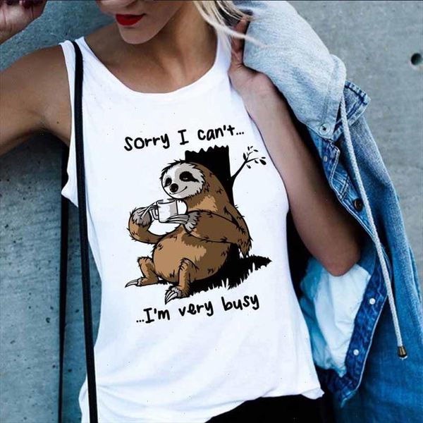 

women vest tank streetwear funny sloth print 2021 summer harajuku casual sleeveless lady clothing large size s 2xl, White