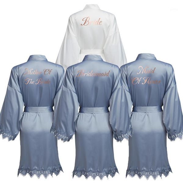 

dusty blue new masatin lace robe with trim gown bridal wedding bride robes bridesmaid kimono robe bridal robes1, Black;red