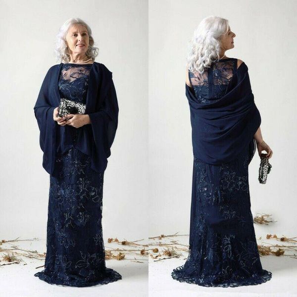 Elegante 2021 Abiti per la madre della sposa con giacca Abiti da sera con perline in pizzo Abito da cerimonia nuziale blu navy su misura