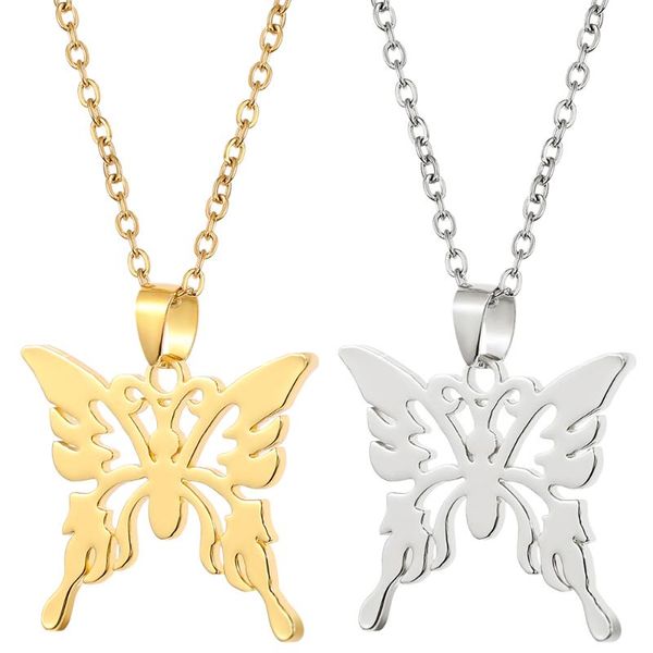 

stainless steel butterfly necklace insect necklace simple hollow cute animal clavicle chain women's long pendant charm, Silver