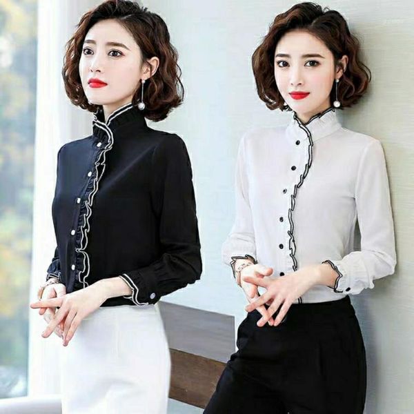 

women's blouses & shirts 2021 spring casual style design slim stand collar ruffle shirt female long-sleeve work wear plus size 4xl k206, White