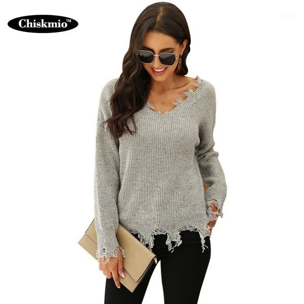 

chiskmio tassel knitted sweater women v-neck knitting colorful speckle pullover loose long sleeve ladies knitwear clothing1, White;black