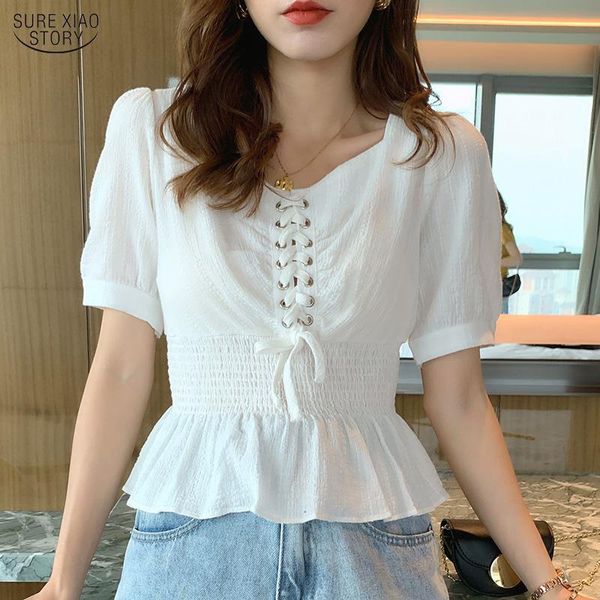 

women's blouses & shirts korean puff sleeve woemn solid short women blusas mujer de moda 2021 summer white 10155