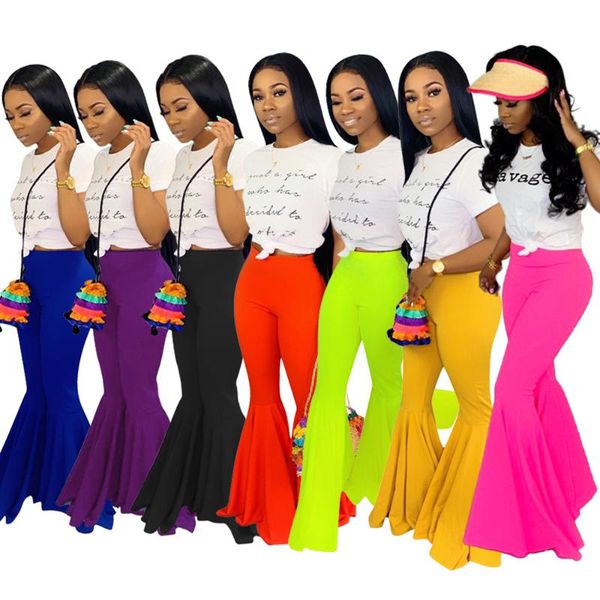 

plus size women trousers new solid color slim casual flared pants elastic waist long pants high waist female bodycon long, Black;white