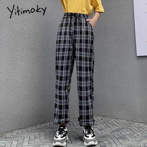 

plaid women pants elastic waist wide leg pants high waist pants plus size women straight street women sweatpant trousers 201031, Black;white