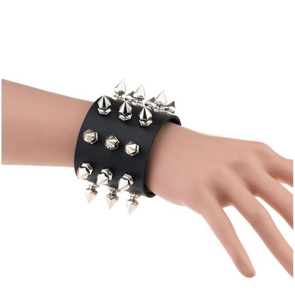 

punk gothic rock cuspidal spikes rivet cone stud wide leather cuff bracelet wristbands charm bangle fashion qylvds, White
