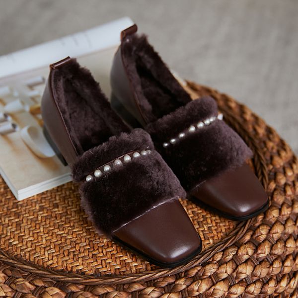 

2020 female new casual shallow moccasins woman spring fall square jumps genuine leather wool bombs ku88, Black