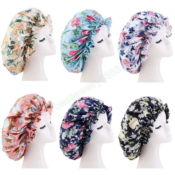

fashion lace satin printed double layer nightcap african soft floral women's beauty hair care round cap sleep hats, Blue;gray