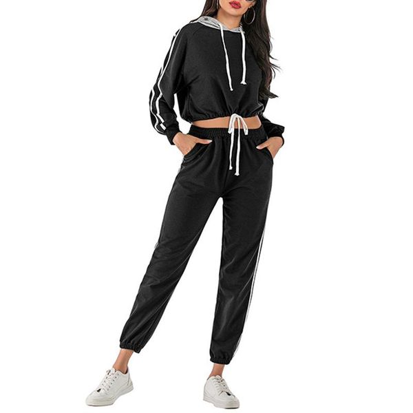 

women's tracksuits fitness striped stitching women sets full sleeve drawstring crop hoodies elastic waist sweatpants two piece tractsui, Gray