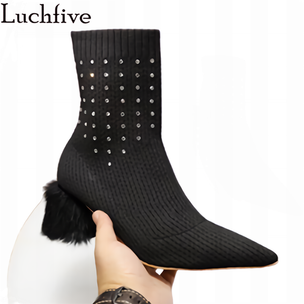 

elastic crystal sock boots women wool square heels party shoes pointy toe ankle boots stretch fabric black botas feminina