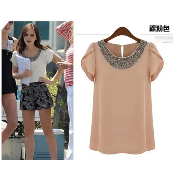

eu new fashion women loose big size chiffon casual vintage blouses/beading o-neck,pullover summer, White