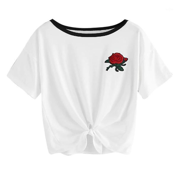 

sagace fashion womens t-shirts bandage t-shirt o-neck short sleeve embroidery rose embroidery applique tee t shirt women1, White
