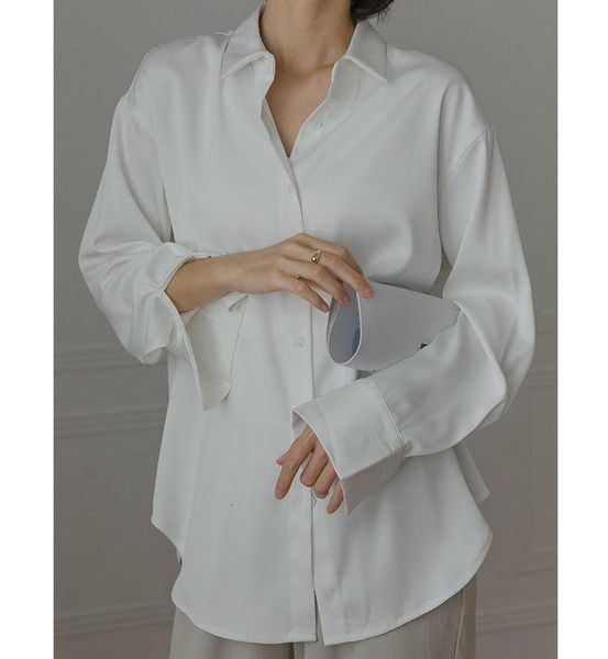 

solid satin blouse women maxi elegant vintage long sleeve shirts mujer white office lady loose spring autumn women 2020