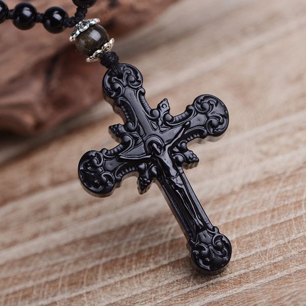 

natural obsidian stone pendant carved cross amulet lucky pendant necklace women men's fine jade jewelry q1127, Silver