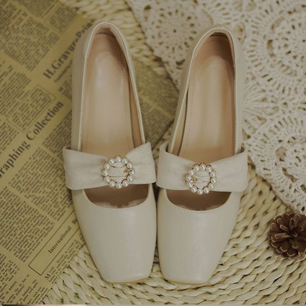 

2021 new women's pumps chuncky heels ladies pu leather pearls shallow shoes waterproof slip on comfort causal footwear woman 1 sr69, Black