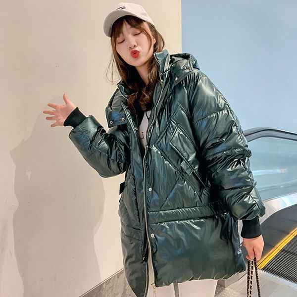 

women short glossy hooded oversize winter down coat student thick warm jacket cotton padded wadded parkas, Black