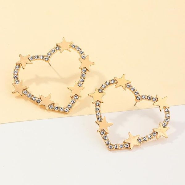 

fehame women jewelry new fashion star rhinstone earrings exaggerated hollow love heart stud earrings1, Golden;silver