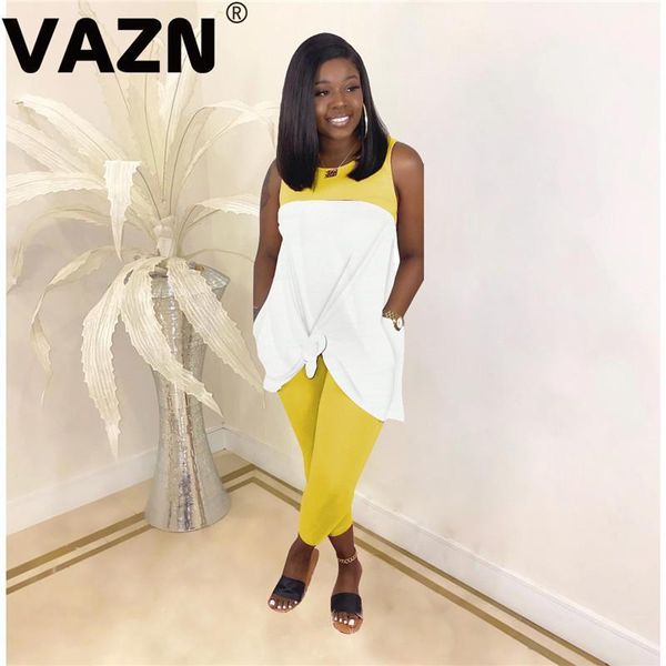 

vazn casual 2020 summer lady 3 colors 2-piece long set sleeveless o-neck long tees full pants set young lady special sets1, White