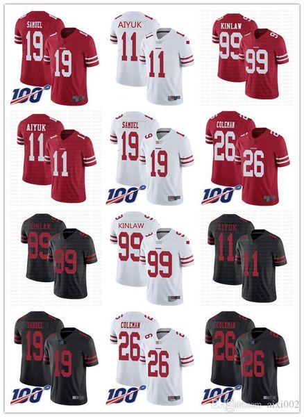 

men women youth san francisco 49ers 11 brandon aiyuk red 99 javon kinlaw white 19 deebo samuel football jerseys 26 tevin coleman, Black;red