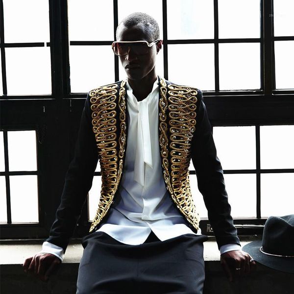 

korean fashion male coat new thread embroidery diamond-encrusted suit men host slim blazer gold rope stage costume jackets1, White;black