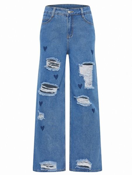 

heart print ripped jeans 06m9#, Blue