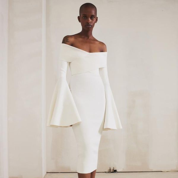 

adyce 2021 new winter off shoulder long flare sleeve club bandage dress women white bodycon celebrity runway party dresses, Black;gray