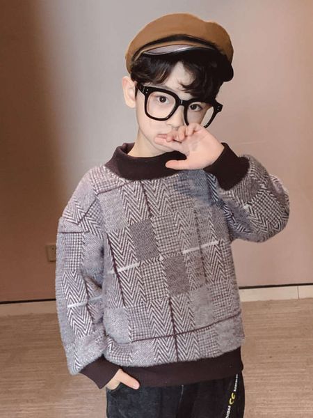 

korean 2021 winter new boys' version t-shirt zhongda children's plaid plush thickened pullover, Black
