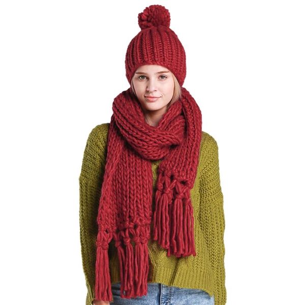 

hats, scarves & gloves sets women winter 2pcs solid color cable knit pompom beanie hat tassel long scarf set, Blue;gray