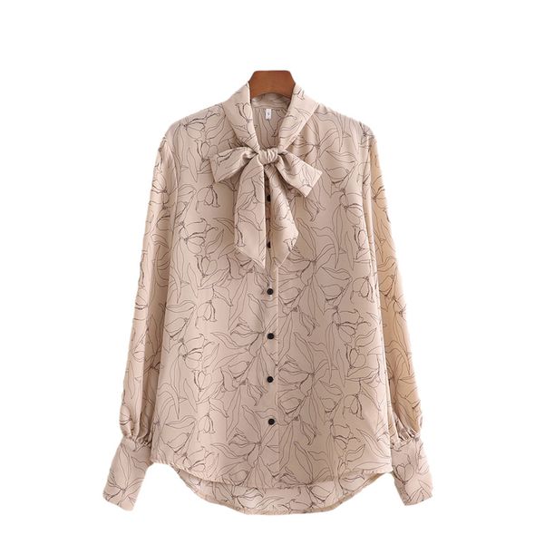 

2021 new elegant women floral print shirts 2021 fashion ladies bow collar button streetwear female lantern sleeve blouses gjv9, White
