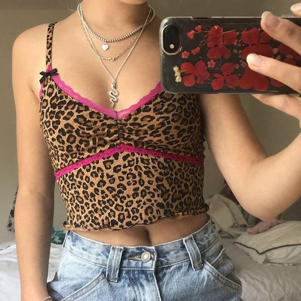 

women 2020 new lace vest leopard print spaghetti strap crop cow print pattern v-neck bow ropa de mujer1, White