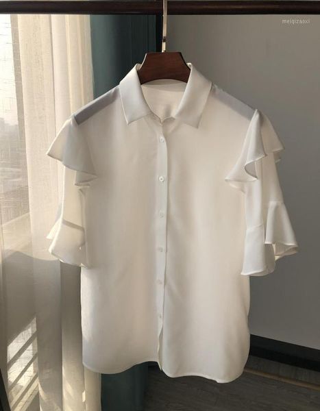 

silk women ruffle sleeve blouse 2020 spring summer sweet turn-down collar lady office wear shirt and clothing1, White