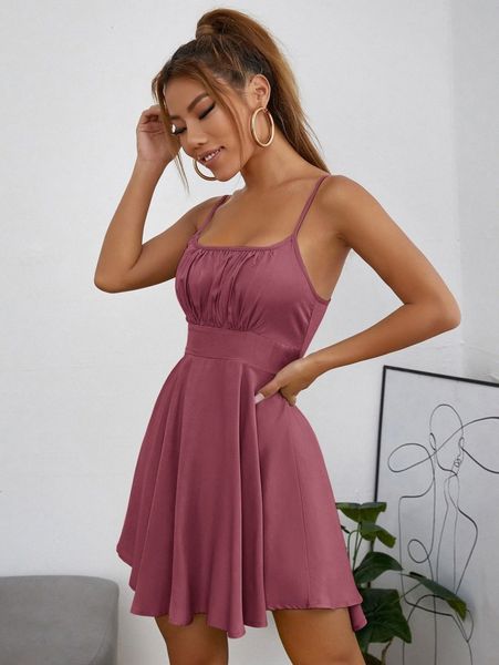 

petite ruched bust flare hem cami dress 0513#, Black;gray