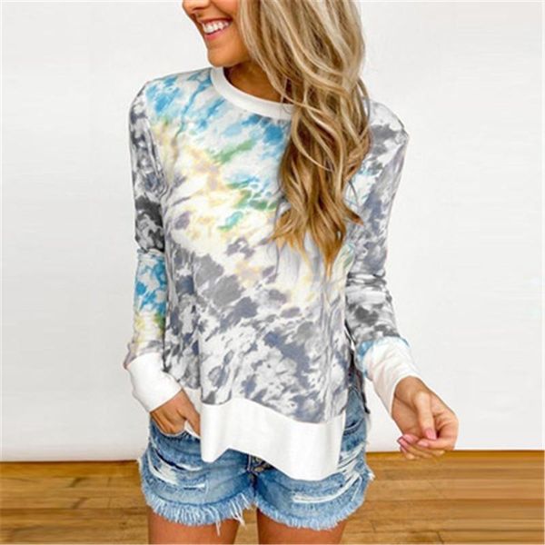 

designer long sleeve tshirt gradient crew neck tees fashion females loose casual tee tshirt clothing women tie-dye printing t-shirt, White