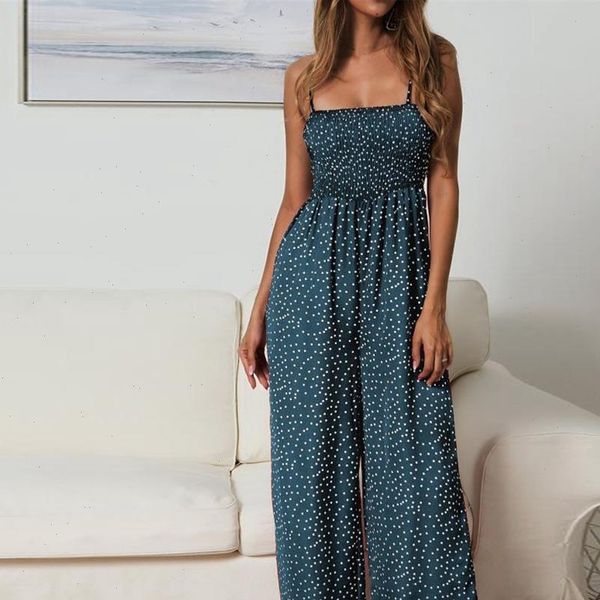 

fashion beach polka dot jumpsuits women sleeveless spaghetti straps sleeveless long wide leg pants backless rompers lace up, Black;white