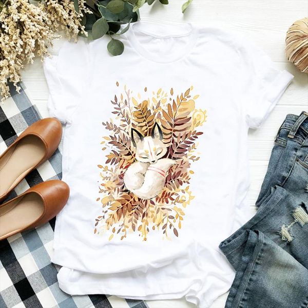 

women t shirt sleep fox printed tshirt women short sleeve o neck loose tee shirt ladies female clothes graphic t shirt, White