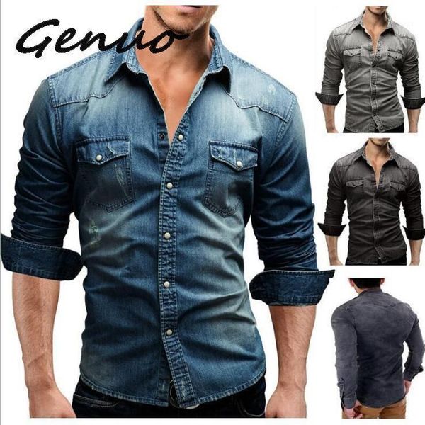 

genuo new denim shirt men cotton jeans shirt fashion autumn slim long sleeve cowboy stylish wash slim asian size 3xl1, White;black
