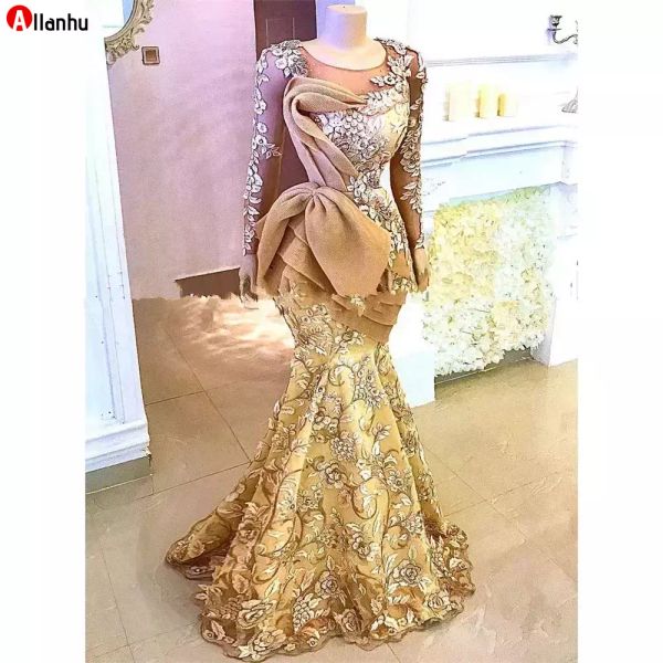

new gold aso ebi mermaid evening dresses long sleeves sheer neck sweep train plus size floral lace prom party gowns for arabic women 2022, Black;red