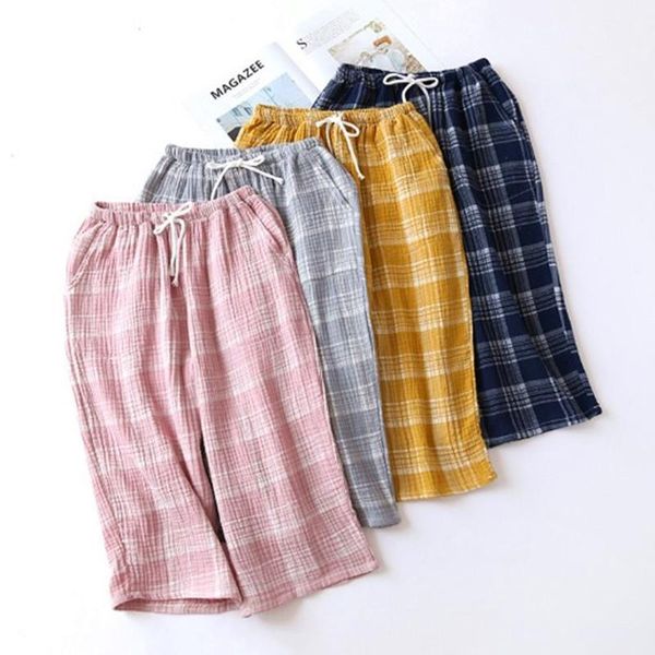 

loose sleepwear pant summer cropped trousers fashion plaid lounge wear pajama pants large size cotton gauze ladies home pant1, Black;red