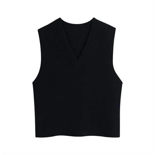 

2021 new elegant women polyester sweater vests fashion ladies solid knitted streetwear female black v-neck tanks w2rg, White;black