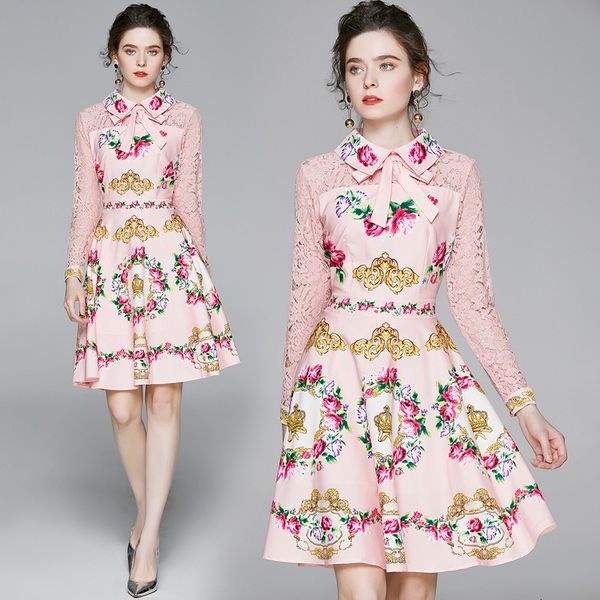 

womens runway pink lace designer business work wear long floral sleeve of vintage skinny skater party dress clothes j7m4, Black;gray