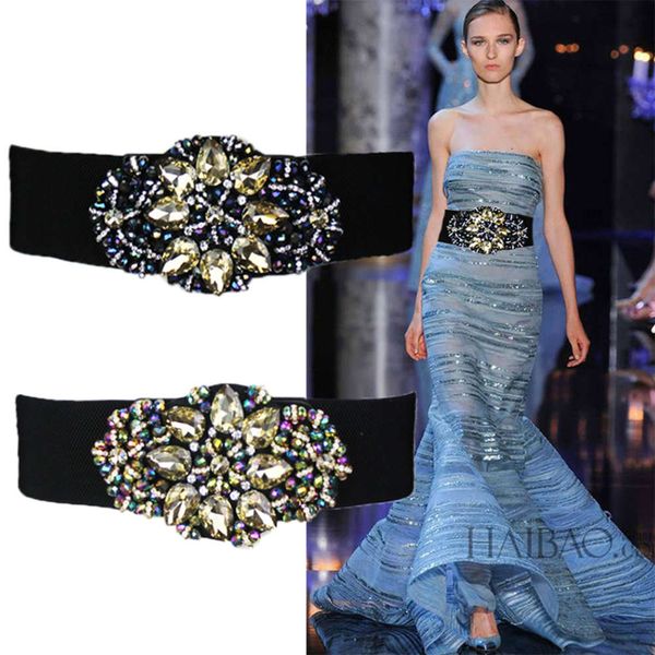 

belt women's diamond inlaid wide waistband decoration high grade elastic dress sweater new black, Black;brown