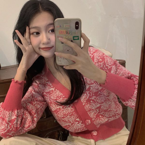

autumn 2020 new rose print sweater single breasted t-shirt looks thin and versatile long sleeve cardigan for women