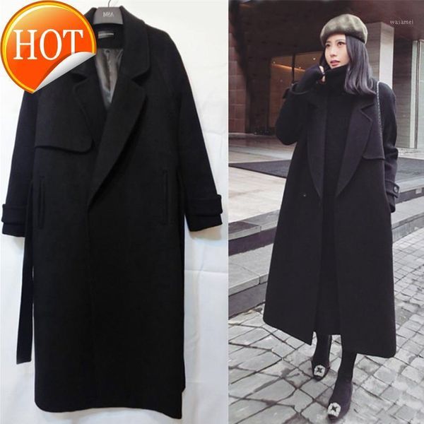 

wool office lady blend long ladies coat turn-down collar women's jacket covered button korean womens fashion coat1, Black