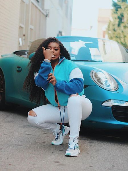 

women's fur & faux patchwork blue white casual women autumn winter fashion jacket coat1, Black