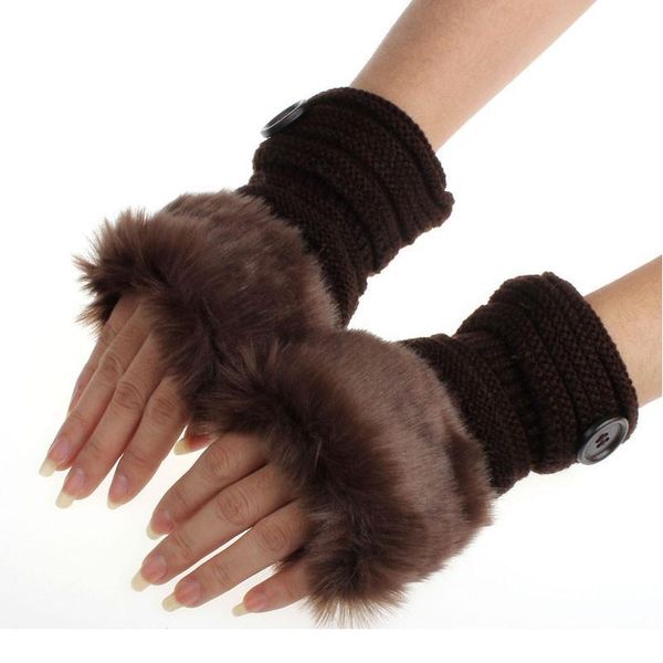 

new women gloves girl warm winter knitted faux rabbit fur wrist fingerless gloves mittens half finger sqcttt, Black