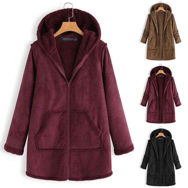 

2021 winter plush fluffy faux fur coats women hoodies long sleeve warm jackets casual hooded fur lining outerwear zipper coat, Black;brown