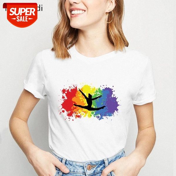 

watercolor gymnastics art tshirt women rainbow gymnast splatter t-shirt femme summer tee shirt femme vogue harajuku shirt #uq0z, White
