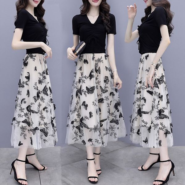

usli4 set dress two-piece 2020 suit new women's skirt elegant western style mesh skirt summer summer b set two-piece, Gray
