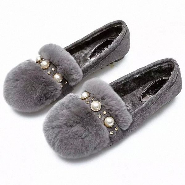 

fur warm women flats shoes plush loafers pearl round toe genuine leather wool lady moccasins large size autumn winter footwear #651k